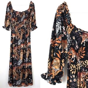 America & Beyond Animal Pattern Tiger Vibrant Print Off Shoulder Maxi Dress SM